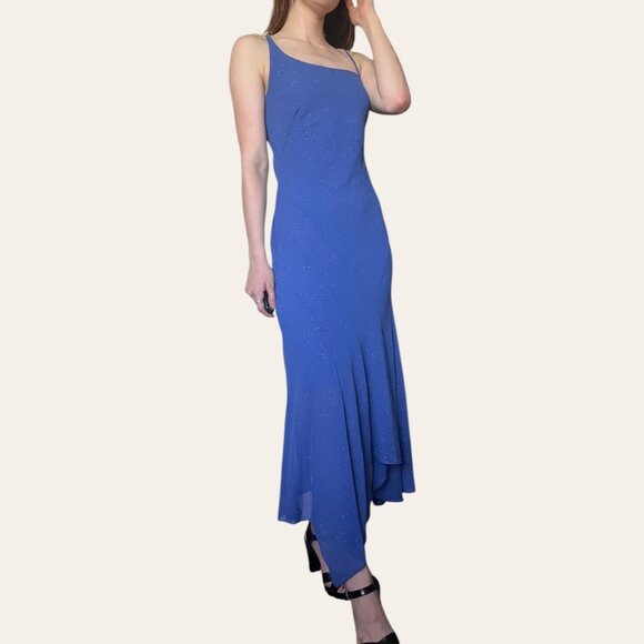 90s/y2k vintage Masquerade blue sparkly backless asymmetric formal fairy dress - Picture 3 of 6